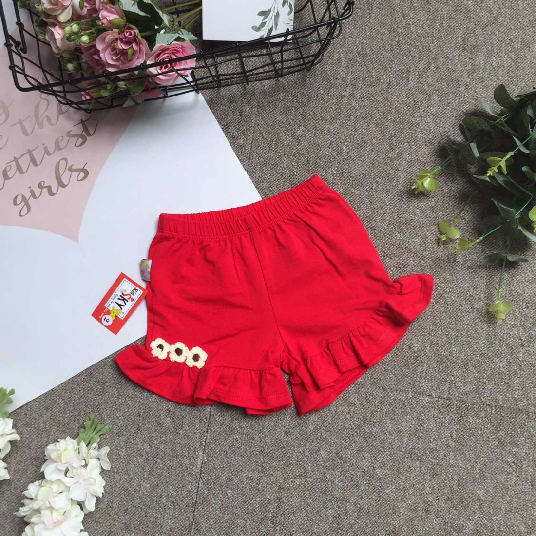 quần đùi cotton bèo gấu 3 hoa bé gái size 2-8-